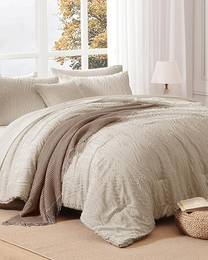 King Size Comforter Set Beige, Tufted Boho Bedding Farmhouse Bed Set, All Season 7 Pieces Bed in a Bag with Sheets, Pillowcases & Shams