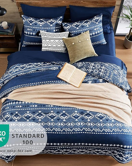 Geniospin King Size Comforter Set - 7 Pieces Comforters King Size, Warm Fluffy Boho Bedding Sets for All Seasons, Bed in a Bag with Flat Sheet and Fitted Sheet, Pillowcase & Sham (Blue, 102''x90'')