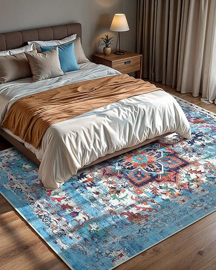 GLN Rugs Traditional Collection - Machine Washable Area Rug, Traditional Washable, Non Slip, Low Pile Chenille Rug, Living Room, Bedroom, Kitchen Rug (9'5"x12' Blue)