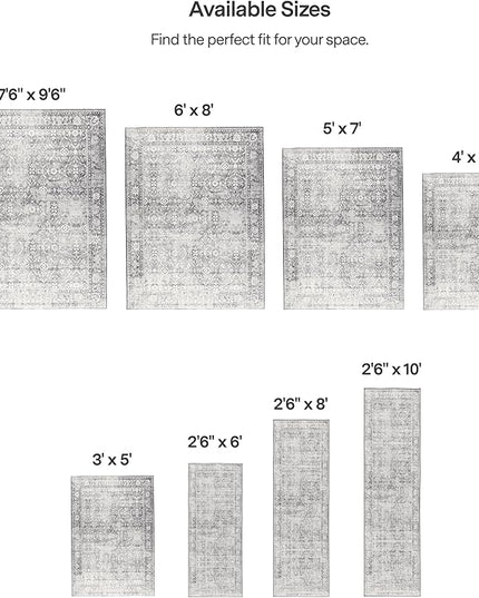 ReaLife Rugs Machine Washable Area Rug - Living Room Bedroom Bathroom Kitchen Entryway Office - Padded Low Pile Stain Resistant Premium - Boho Farmhouse Vintage - Noor - Silver Ivory 4' x 6'