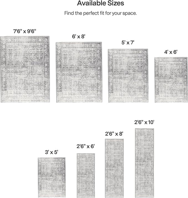 ReaLife Rugs Machine Washable Area Rug - Living Room Bedroom Bathroom Kitchen Entryway Office - Padded Low Pile Stain Resistant Premium - Boho Farmhouse Vintage - Noor - Silver Ivory 4' x 6'