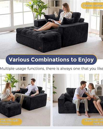 MAXYOYO Modular Sectional Chaise Lounge Sofa, Upholstered Lounge Chair with Ottoman, Comfy Couch with Layered Cushion, Tufted Upholstered Sleeper Chair for Living Room, No Assembly, Black
