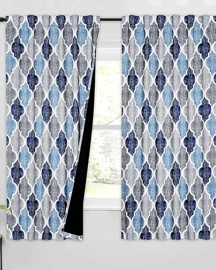 Beauoop 100% Blackout Curtains 63 Inches Long 2 Panels for Bedroom Living Room Blue Grey Moroccan Geo Room Darkening Thermal Insulated Soundproof Rod Pocket Back Tab Window Treatments Drapes, 50x63