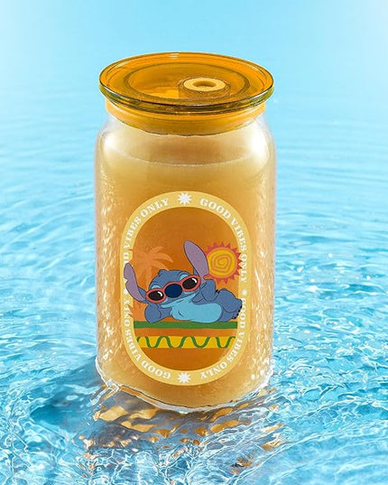 JoyJolt Disney Stitch Island Vibes Glass Tumblers with Lids and Straws, 16oz Glass Cups with Lids and Straws, Can Shaped Drinking Glasses Set of 4, Stitch Stuff, Disney Gifts for Adults