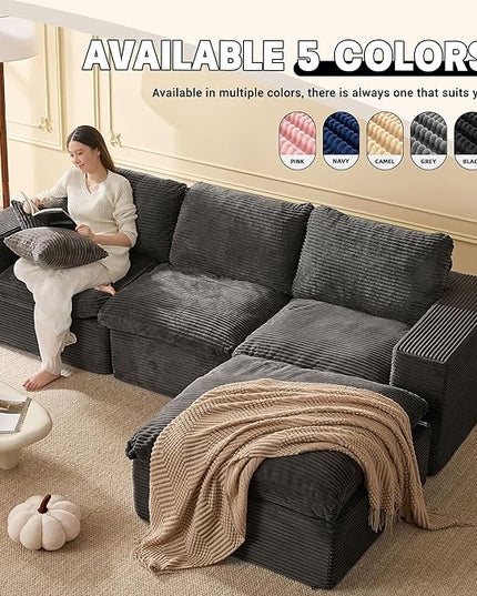 106.3” Sectional Couches for Living Room, Cloud Couch, Modular Sectional Sofa, Convertible Sofas Bed, Deep Seat Sofa, L Shaped Cozy Sofa Furniture Set, Corduroy, Gray