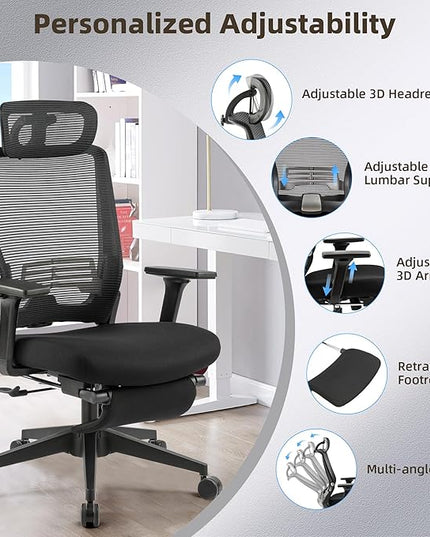 Foldable Office Chair with Foot Rest, Ergonomic Office Chair with Adjustable Lumbar Support, Headrest, Armrest, Home Office Desk Chairs for Space Saving, Work from Home, Black