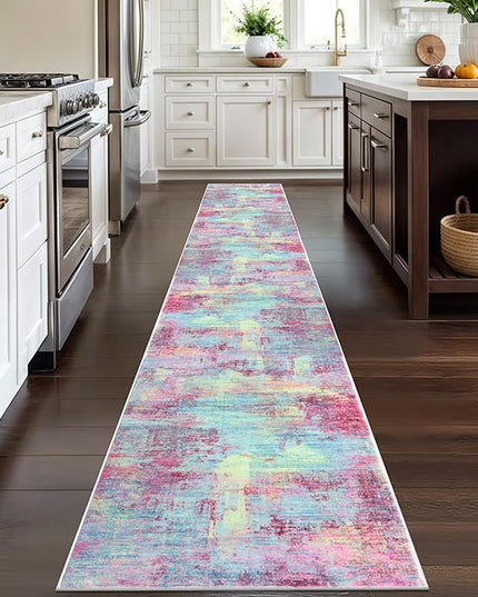 IOHOUZE Abstract Runner Rug 2x12 Ft Washable Runners for Hallways, Non Slip Kitchen Runner Printed Faux Wool Entryway Runner Indoor, Modern Abstract Floor Carpet for Hall Kitchen, Pink Teal