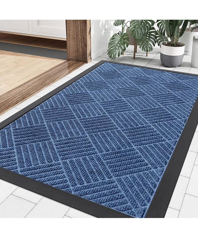 Smiry Front Door Mat Outside Entrance, Heavy Duty Outdoor Indoor Natural Rubber Doormat, Non Slip, Trap Dirt and Moisture, Easy Clean, Low Profile Patio Porch Entryway Mat, 35x23, Blue