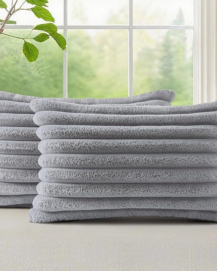 decorUhome Faux Fur Spring Throw Pillow Covers 12x20 Set of 2, Decorative Soft Plush Striped Lumbar Neutral Couch Euro Pillow Covers with Velvet Back for Sofa, Bed, Living Room Home Decor, Grey