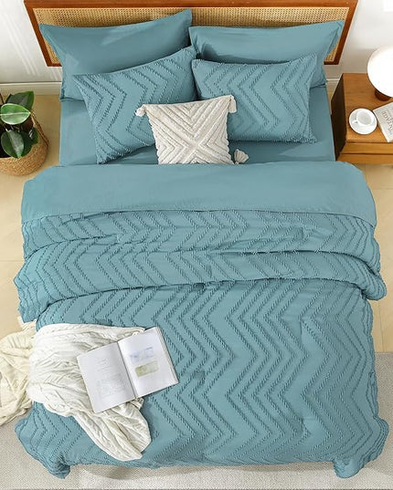 Litanika Grayish Teal Queen Size Comforter Set with Sheets - 7 Pieces Bed in a Bag Queen Boho Tufted Complete Bedding Sets with Comforter, Sheets, Pillowcases & Shams