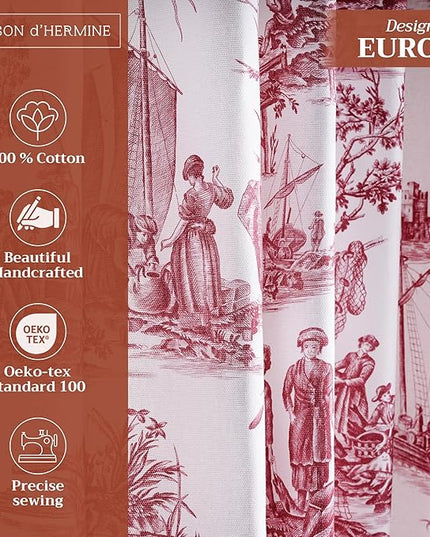 Maison d' Hermine Curtains for Living Room 100% Cotton 84 inch Length Two Panels Light Filtering Toile Curtains for Bedroom with Rod and Loop Pockets (Calais Red (White Background), 50" W x 84" L)