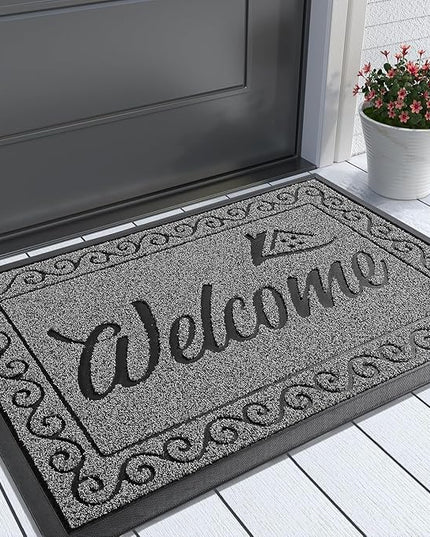 Yimobra Welcome Mat Outdoor Indoor, Waterproof Heavy Duty Front Door Mat Outside Entrance, Extra Sturdy Non-Slip Doormat, Low Profile, Dirt Trapping, 36x24 Inches, Black Gray