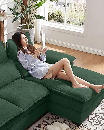110" Convertible Sectional Sofa, U Shape Cloud Couch, Comfy Couches with Double Chaise and Sleepable Armrests, 4 Seats Sectional Couches for Living Room, Green