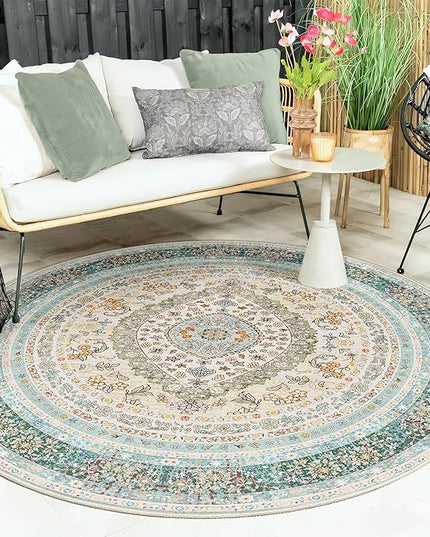 Round Area Rugs 6ft Washable,Blue Rug for Living Room Bedroom Dining Room,Large Boho Vintage Bohemian Distressed Oriental Carpet Non Slip,Floral