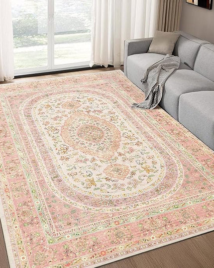 5x7 Area Rugs Washable,Pink Rug for Living Room Bedroom Kitchen,Large Boho Vintage Bohemian Distressed Farmhouse Carpet Non Slip,Blush Floral