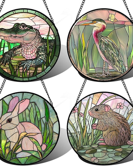 Stained Glass Window Hanging 4 Pcs Set Cute Animal 9.8"- Green Plant Pink Suncatcher Door Garden Sun Catcher Decor Birthday Christmas for Mom Woman Nana Men Friend