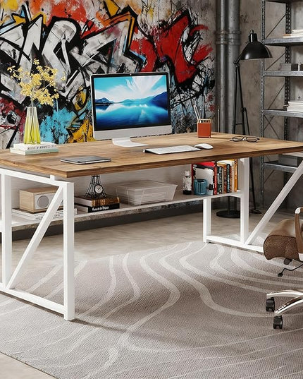 Tribesigns 63 inches Computer Desk with Bottom Storage Shelf Home Office Desk Writing Table for Workstation,Dark Walnut + Steel Leg， Cabinet not Included (Light Walnut, 63-inch-with Shelf)