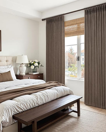 Blackout Dark Brown Bedroom Curtains 84 Inches Long 2 Panels Set, Memory Trained Pinch Pleated Dual Layer Linen Insulated Sound Dampening Modern Windows Curtain for Dining Room Darkening 7FT Length