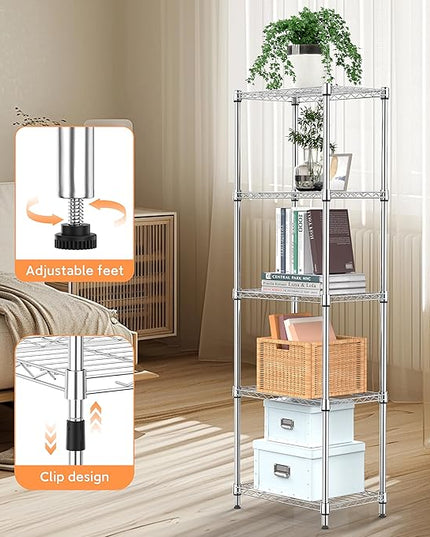 5 Tiers Shelf Metal Storage Shelves Wire Rack Closet Organizers with Wheel for Garage Kitchen Bathroom Laundry Chrome 11.8" D x 17.7" W x 55" H