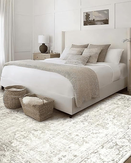 ReaLife Rugs Machine Washable Area Rug - Living Room Bedroom Bathroom Kitchen Entryway Office - Padded Low Pile Stain Resistant Premium - Boho Farmhouse Vintage - Lyle - Beige Ivory 5' x 7'