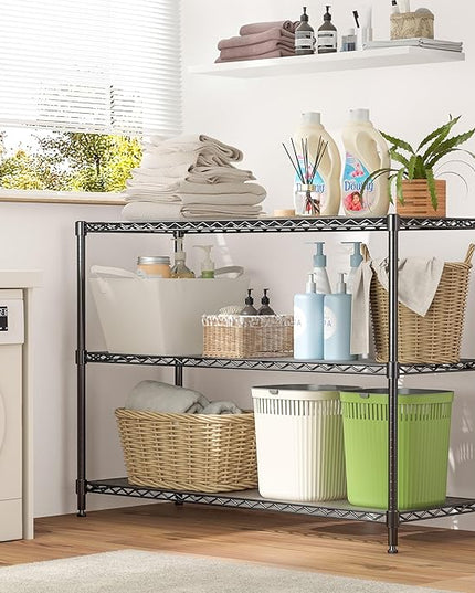 3-Shelf Adjustable Storage Shelves 36" W x 14" D x 36" H Metal Shelving Unit Heavy Duty Wire Rack Small Organizer with 3 Shelf Liners for Kitchen Pantry Bathroom Laundry Closet Garage Black