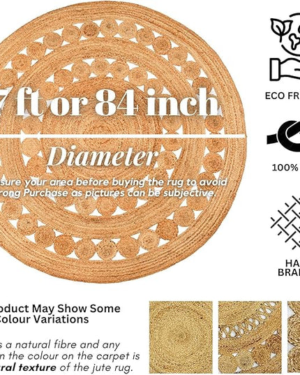 Hand Woven Jute Area Rug - 7' Round - Rustic Beige Reversible Farmhouse Rugs for Bedroom, Kitchen, Living Room - Vintage Natural Braided Entry Floor Décor Circle Boho Round Rugs 7ft