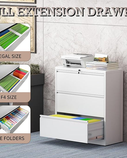 3 Drawer Lateral File Cabinet with Lock, Metal File Cabinet, Lateral File Cabinets for Home Office, Heavy Duty File Storage Cabinet for Legal/Letter/A4 Document, Assembly Required, White