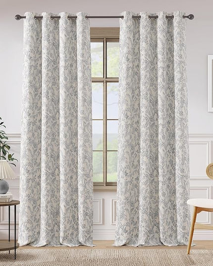 Lazzzy Grey Floral Lined Curtains Linen Farmhouse 96 Inches Long Grommet Top Drapes for Living Room Bedroom Flower Printed Country Vintage Curtains 2 Panels Set Gray on Beige