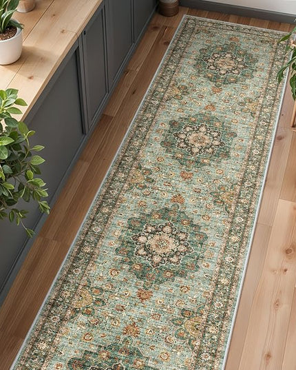 Washable Oriental Hallway Runner Rug - 3x14 Rugs for Living Room Soft Carpet for Bedroom Kitchen Waterproof Floral Distressed Indoor Stain Resistant Non-Shedding Floor Carpets (Green, 3X14)