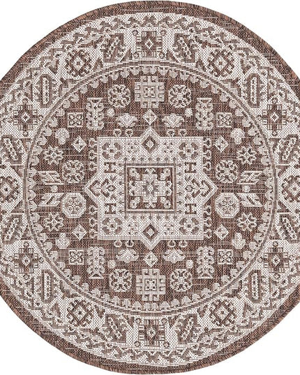 Rugs.com Outdoor Aztec Collection Rug – 3 Ft Round Brown Flatweave Rug Perfect for Kitchens, Dining Rooms