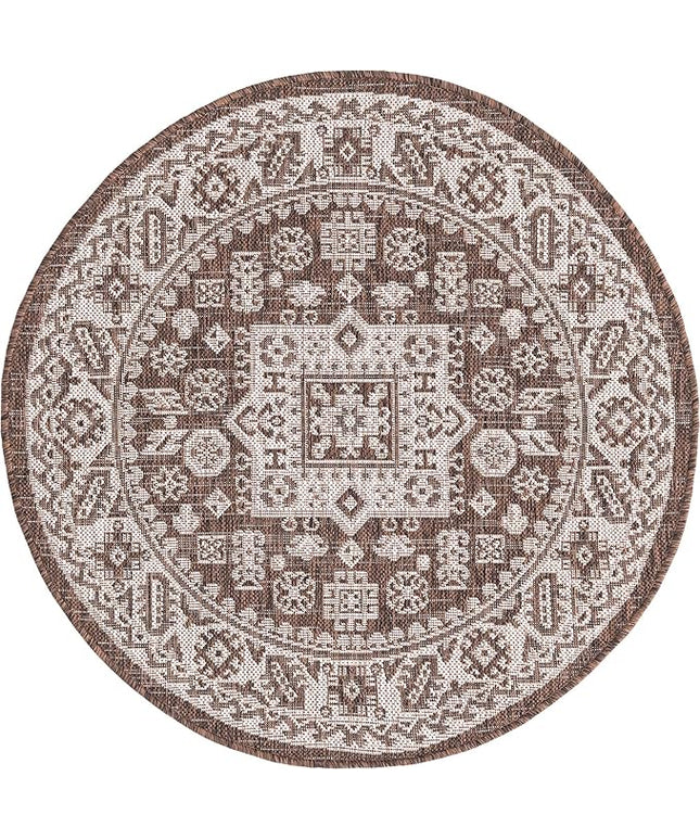 Rugs.com Outdoor Aztec Collection Rug – 3 Ft Round Brown Flatweave Rug Perfect for Kitchens, Dining Rooms