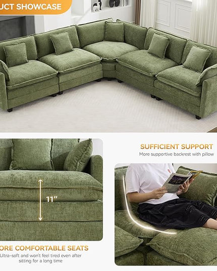 137'' V Shaped Cloud Sectional Sofa, Oversized Deep Seat Couches for Living Room, Chenille Comfy Upholstered Modular Sectional Sofa Couch, Green
