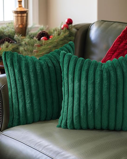 Pallene Faux Fur Plush Christmas Throw Pillow Covers 18x18 Set of 2, Luxury Soft Fluffy Striped Decorative Pillow Covers for Sofa, Couch, Living Room, Christmas Green