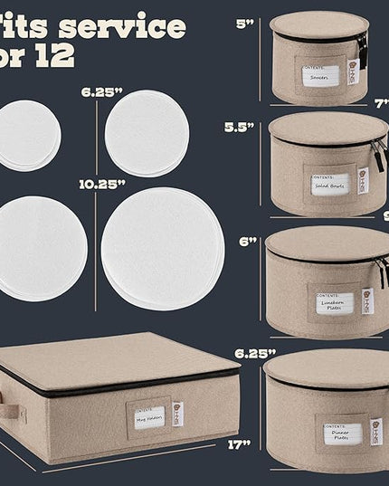 Hard Shell China Storage Containers 5-Piece Set Moving Boxes for Dinnerware, Glasses, Plates, Mugs and Saucers Sturdy Dish Organizer with Dividers for Seasonal Storage - Service for 12 - Brown