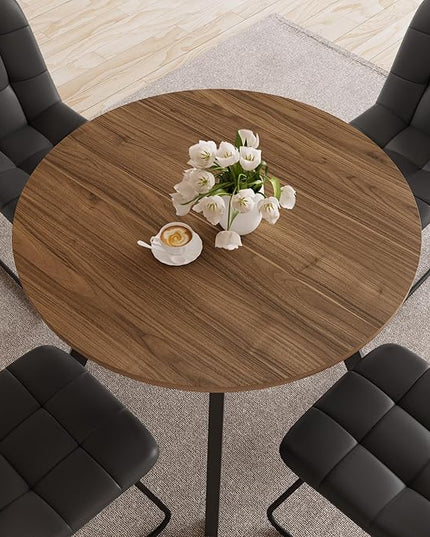 34.6'' Round Dining Table and Chairs for 4 Space Saving for Apartment Kitchen Dining Room (Walnut Table+4 U-Shaped Black Chairs)