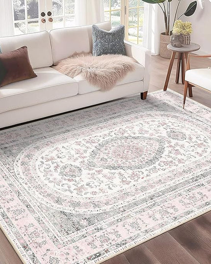 Pink Rug 3x5,Boho Washable Area Rugs for Bedroom Living Room Kitchen Entryway,Small Vintage Distressed Farmhouse Non Slip Carpet,Grey Blush Floral
