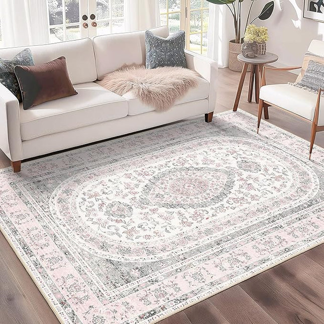 Pink Rug 3x5,Boho Washable Area Rugs for Bedroom Living Room Kitchen Entryway,Small Vintage Distressed Farmhouse Non Slip Carpet,Grey Blush Floral
