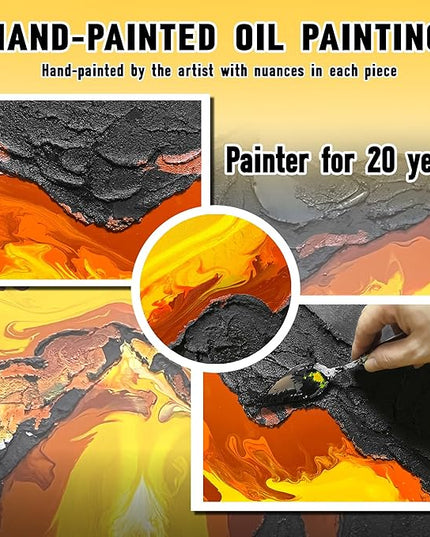 GUGIKA Abstract Wall Art for Living Room, Black and Gold Yellow Volcanic Lava Canvas Wall-Decor for Bedroom, Hand Painted 3D Textured Magma Paintings, Size 47x24 Inches