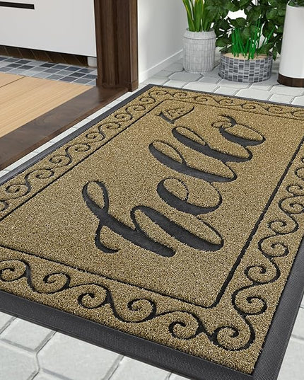 Yimobra Welcome Mats for Front Door 29.5x17, Heavy Duty Waterproof Outdoor Door Mat Outside Entrance, Non-Slip Low Profile Indoor Entryway Mat for Garage Patio, Beige Brown
