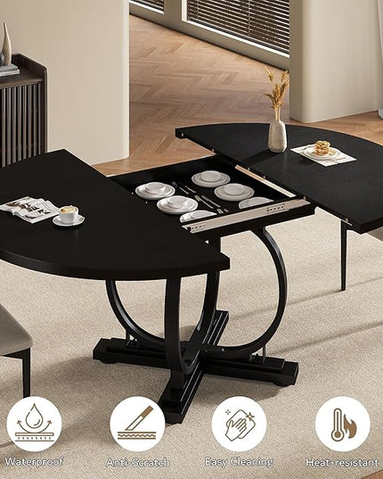 59" Round Extendable Dining Table for 4-6, Modern Oval Kitchen Table with Heavy Duty Curved Legs & Wood X-Based, MDF Board with Spring Buckle, Space Saving, Dining Kitchen Living Room, Black