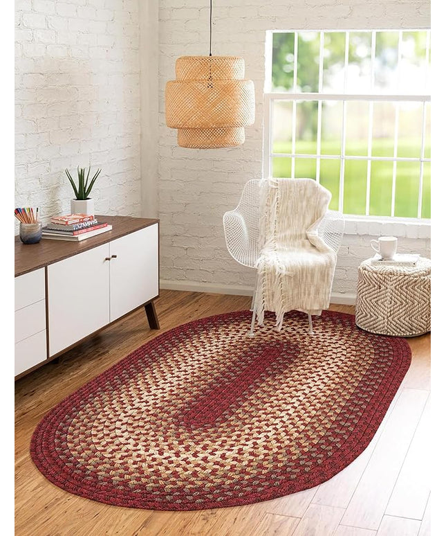 Tranquility TQ42 Red 7' x 9' Oval - Braided Area Rug, Home Decor, Floor Mat or Bedroom Rug - Easy Care, Ideal for High Traffic Areas in Hallway and Living Room - Made in USA