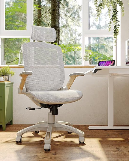 GABRYLLY Ergonomic Office Chair, High Back Home Desk Chair with Flip-Up Arms, Headrest, 90-120° Tilt and Wide Cushion, 400LBS White Mesh Chair for Work Gaming Study (GY01-NT, Woodgrain Pattern)