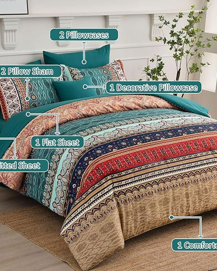 Cottolester Boho Queen Size Comforter Set 8 Pieces,Green and Brown Bohemian Striped Bed in a Bag,Floral Soft Microfiber Bedding Comforter Set
