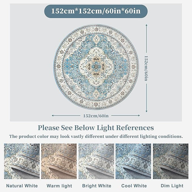 Ciicool Washable Area Rug Round 5’x5’ Boho Bedroom Rug Non-Slip Oriental Entry Throw Rug Low-Pile Indoor Floor Carpet for Dining Room Laundry Foyer Decor (Vintage Blue)