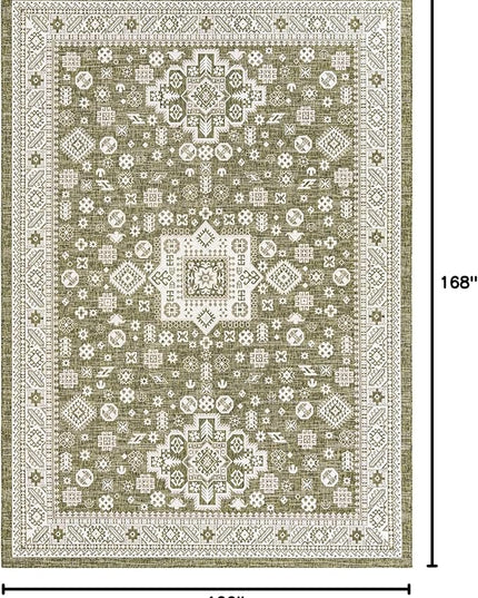 Rugs.com Outdoor Aztec Collection Rug – 10' x 14' Green Flatweave Rug Perfect for Living Rooms, Large Dining Rooms, Open Floorplans