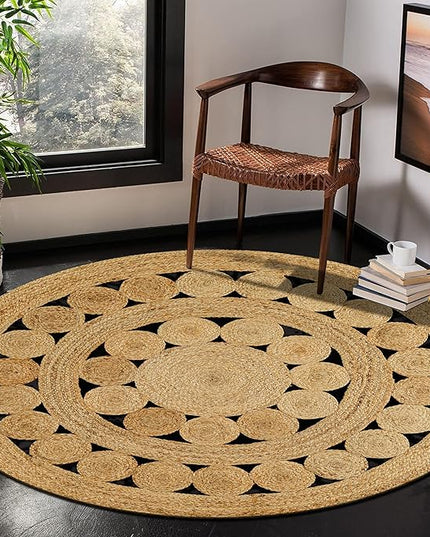 Hand Woven Jute Area Rug - 6' Round - Rustic Beige Reversible Farmhouse Rugs for Bedroom, Kitchen, Living Room - Vintage Natural Braided Entry Floor Décor Circle Boho Round Jute Rug 6 Foot