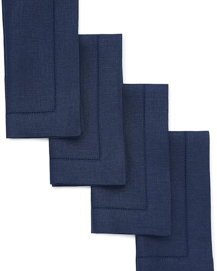 Solino Home Navy Blue Linen Napkins Set of 4-100% Pure Linen Hemstitch Dinner Napkins 20 x 20 Inch for Christmas, Holiday, Winter, New Year - Classic Hemstitch