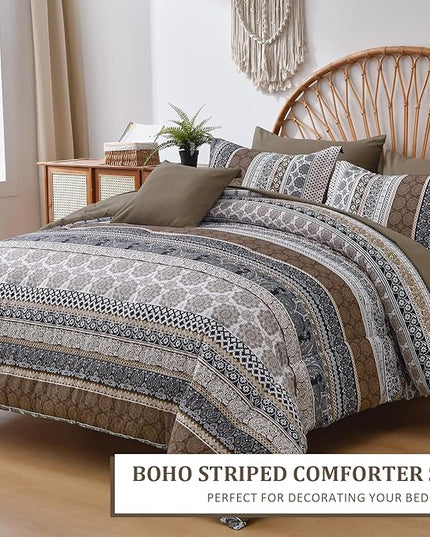 Cottolester Brown Comforter Set King Size,Boho Fall Bed in a Bag 8 Pieces,Paisley Soft Microfiber Bedding Comforter Set