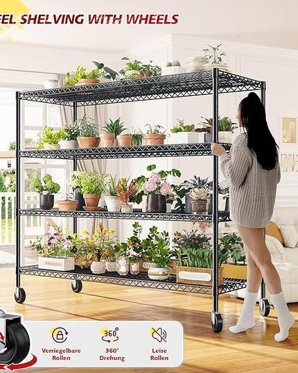 REIBII 75.6" H Storage Shelves Metal Shelving Unit with Wheels 55''W Garage Shelving Heavy Duty Wire Shelves for Storage Rack Adjustable Pantry Shelf Commercial Shelving, 75.6" H X 55.5''W X 24" D