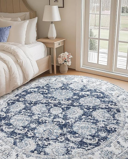 jinchan Fiora Round Rug 7ft Area Rugs Vintage Floral Distressed Design Machine Washable Non-Slip Low-Pile Ultra-Thin Circle Rug for Living Room Dining Room Bedroom Farmhouse (7' Round, Dark Blue)
